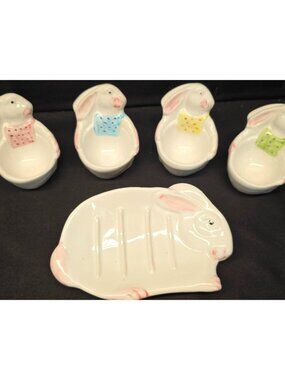 Vintage Pier 1 Imports Ceramic Bunny Easter Egg Holder & Bunny Tray Decor Italy